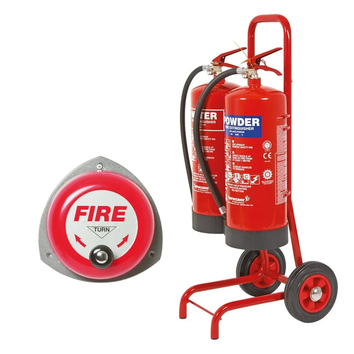 Complete Fire Safety Solution: Double Fire Trolley with Hand Bell and Extinguishers