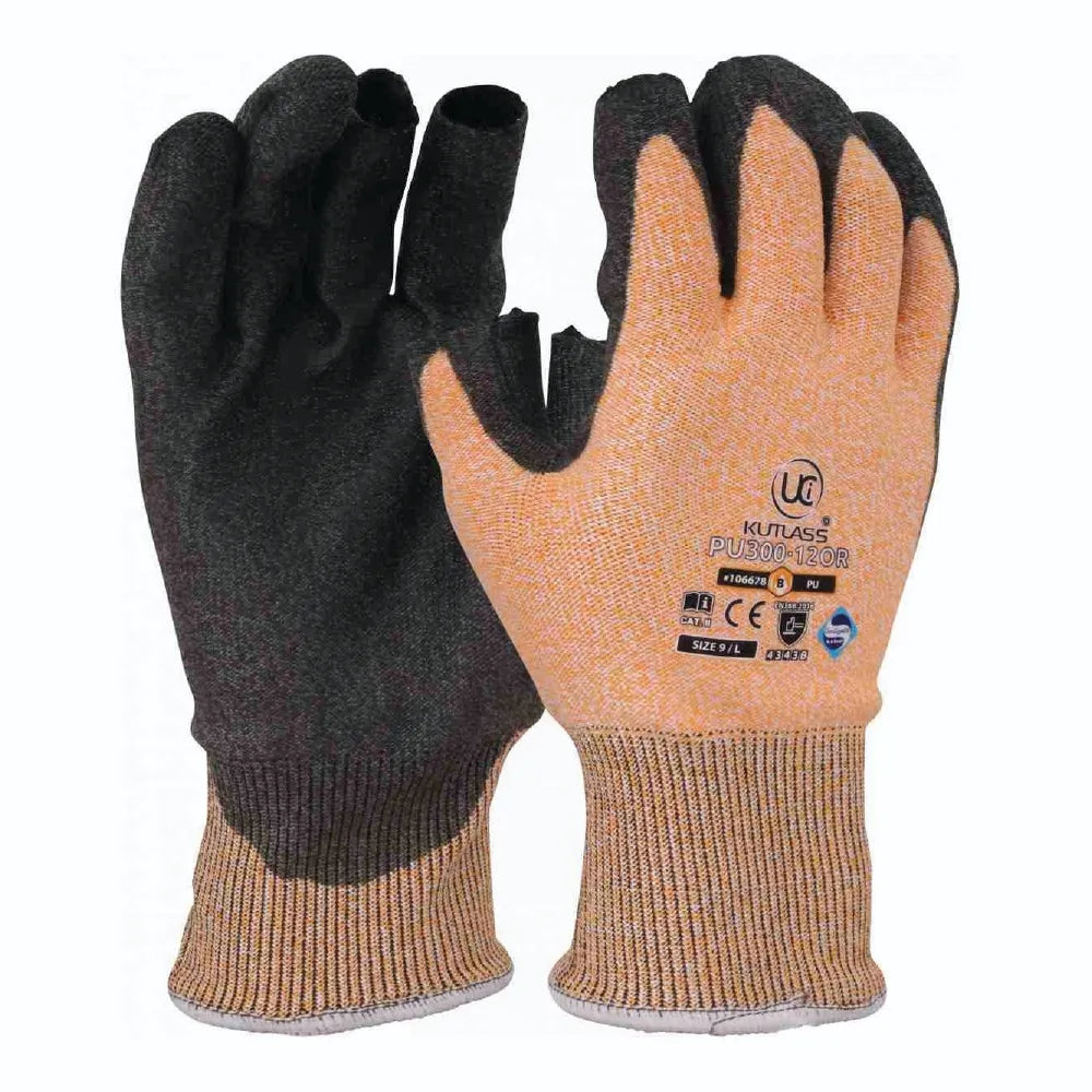 Fingerless Orange Cut Level B PU 3-Digit Protective Lightweight Work Gloves